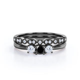 1.30 Carat Round Cut Lab Grown Black Diamond Trilogy Wedding Ring Set In White Gold
