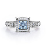 Designer Beaded 1.35 Carat Princess Cut Aquamarine And Diamond Halo Engagement Ring In White Gold