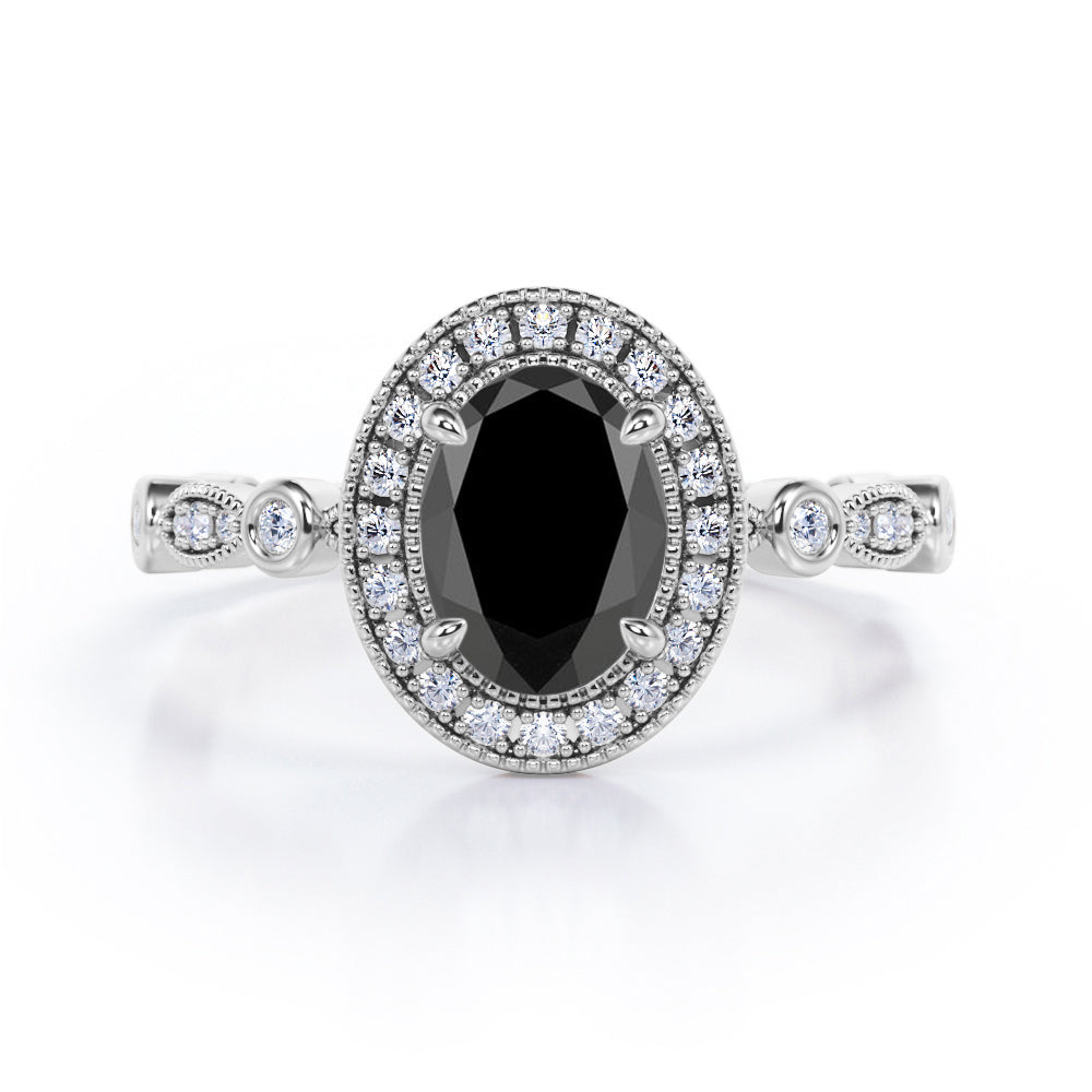 Antique Art Deco 1.35 Carat Oval Cut Black Diamond Halo Engagement Ring In Black Gold