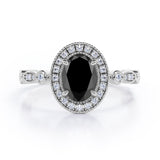 Antique Art Deco 1.35 Carat Oval Cut Black Diamond Halo Engagement Ring In Black Gold