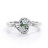 Whirly Gemstone 0.55 carat Round Green Moss Agate and Moissanites Artistic Engagement Ring in White Gold