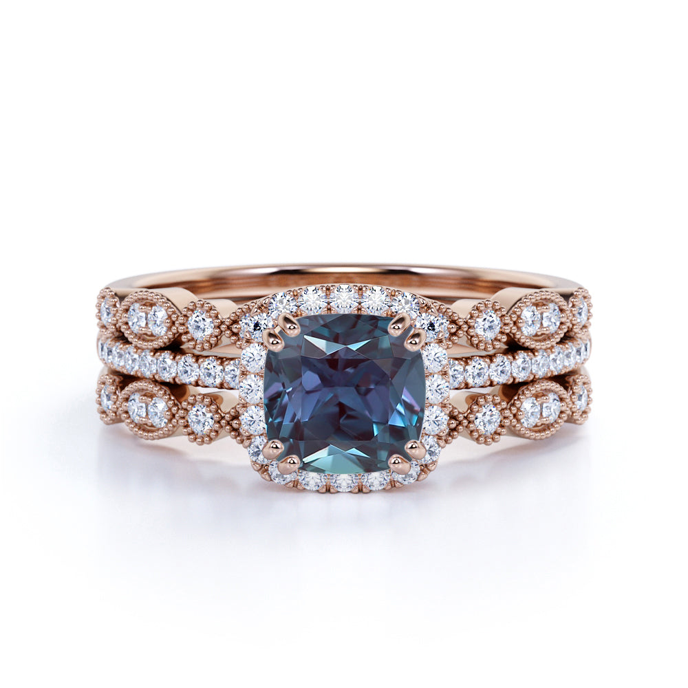 Delicate Halo 2 Carat Cushion Cut Created Alexandrite and Diamond Art Deco Bands Trio Bridal Set Rings