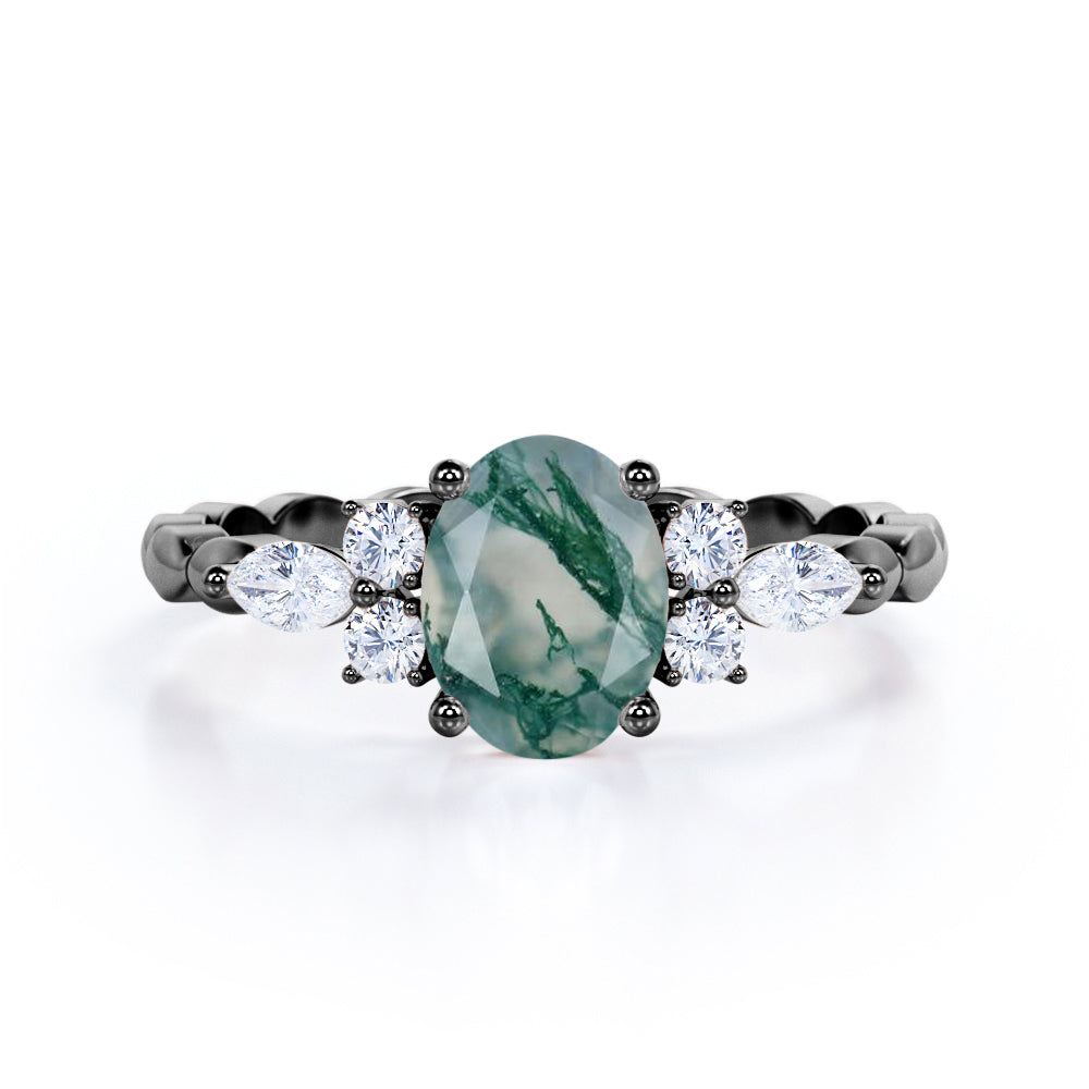 Beaded Shank 0.8 carat Oval Moss Agate and Moissanite Engagement Ring in White Gold