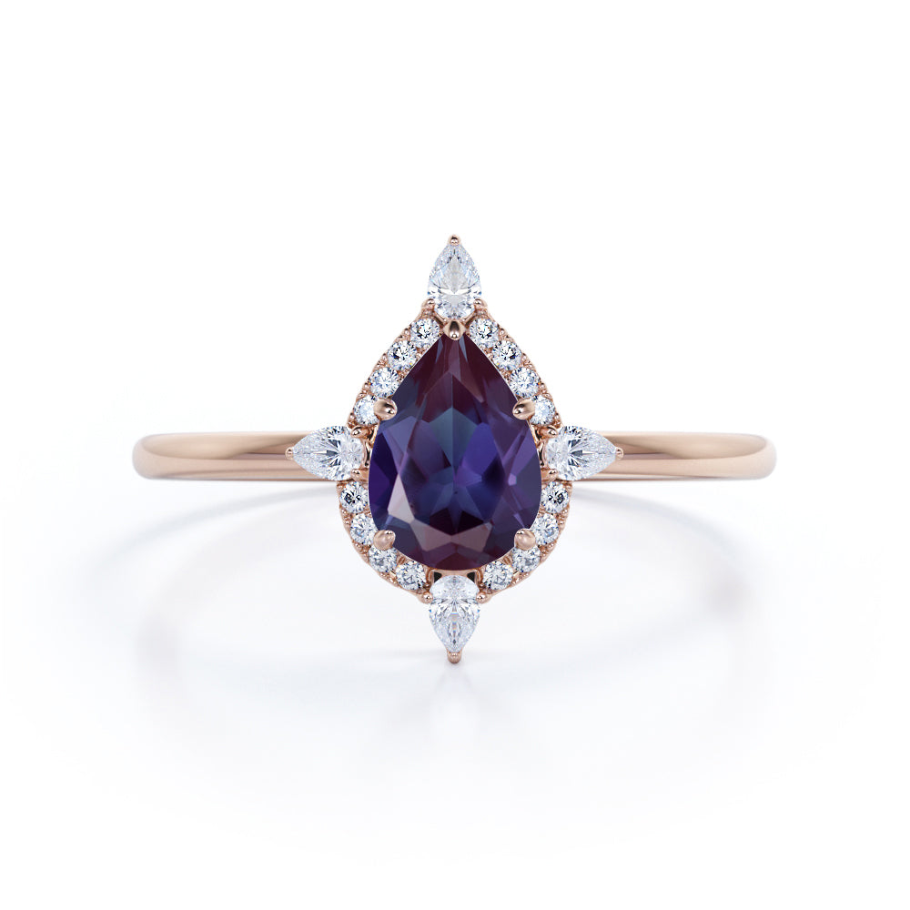 Simple Antique 5 Stone 1.25 Carat Pear Shaped Synthetic Purple Alexandrite and Diamond Halo Engagement Ring in White Gold for Women
