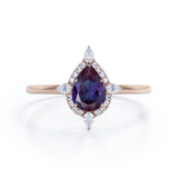 Simple Antique 5 Stone 1.25 Carat Pear Shaped Synthetic Purple Alexandrite and Diamond Halo Engagement Ring in White Gold for Women