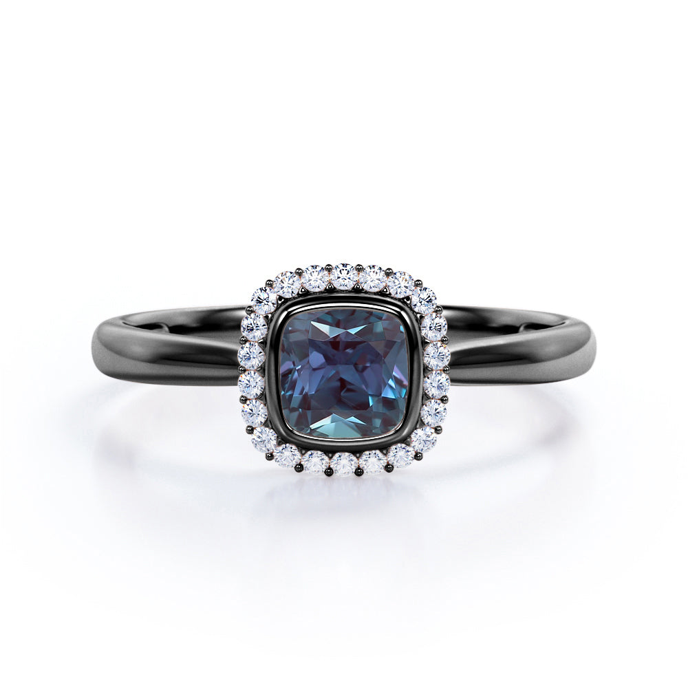 Minimal Halo 1.25 Carat Cushion Cut Lab Created Alexandrite And Diamond Bezel Set Engagement Ring In White Gold For Women