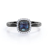 Minimal Halo 1.25 Carat Cushion Cut Lab Created Alexandrite And Diamond Bezel Set Engagement Ring In White Gold For Women