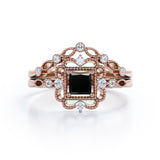 Antique Artdeco 1.25 Princess cut Lab Black Diamond Wedding Bridal Set in Rose Gold