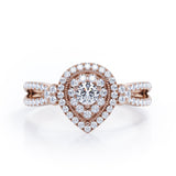 Pear-Shaped Double Halo - 1.7 Carat Round Cut Moissanite and diamond - Pave Split Shank Engagement Ring in Rose Gold
