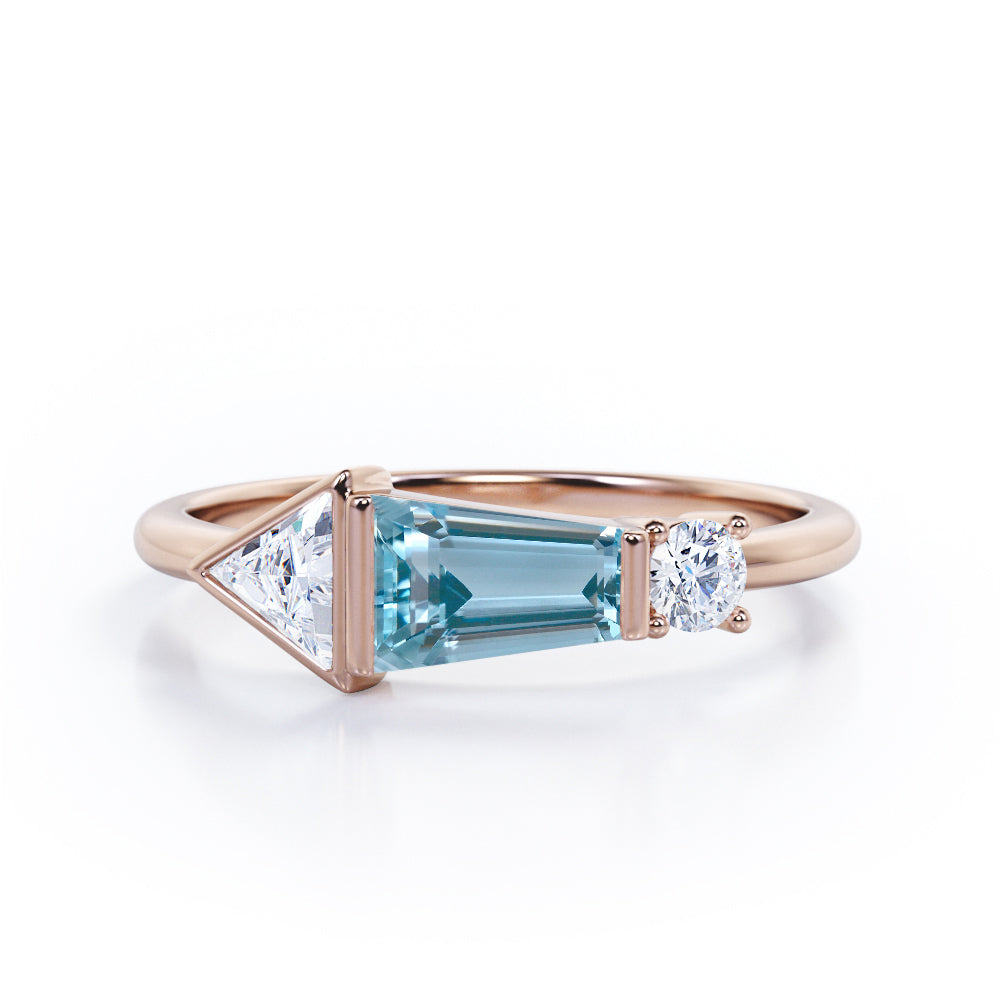 Lovely House Three Stone 1 carat Baguette Aquamarine and moissanite Engagement Ring in White Gold