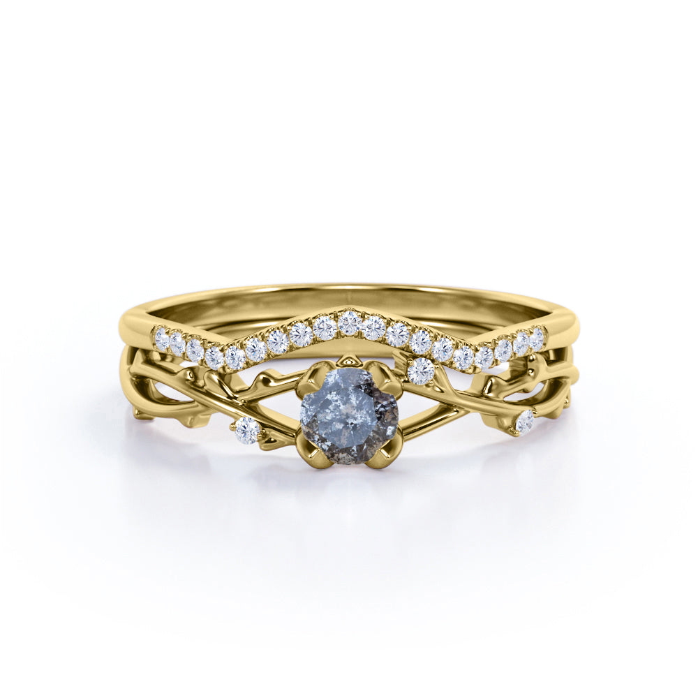 0.85 Ct Round Salt and Pepper Diamond Leaf Wedding Ring Set