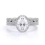 Art Deco 2 Carat Oval cut Real Moissanite Wedding Trio Ring Set with Engagement Ring and 2 Wedding Bands in 18k Gold Over Silver