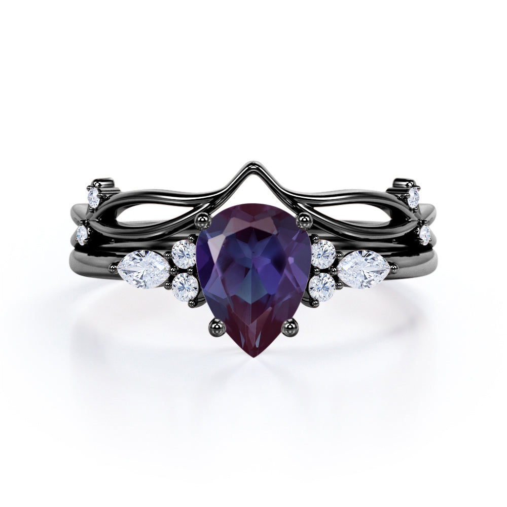 1.40 Ct Tear Drop Lab Alexandrite V Shaped Bridal Set