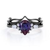 1.40 Ct Tear Drop Lab Alexandrite V Shaped Bridal Set