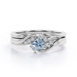 Petite Pave-Channel - 0.55 TCW Rhombus Princess Cut Aquamarine and Moissanite - Prong Tensioned Wedding Ring Set -  Rose Gold