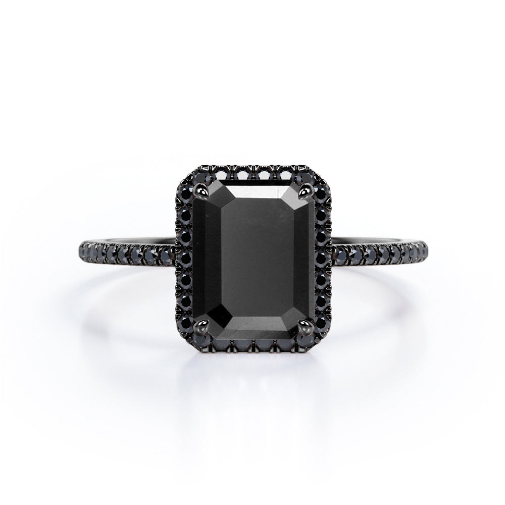 Halo-Style 1.5 TCW Emerald Cut Lab Created Black Diamond Engagement Ring with Pave Accents in White Gold