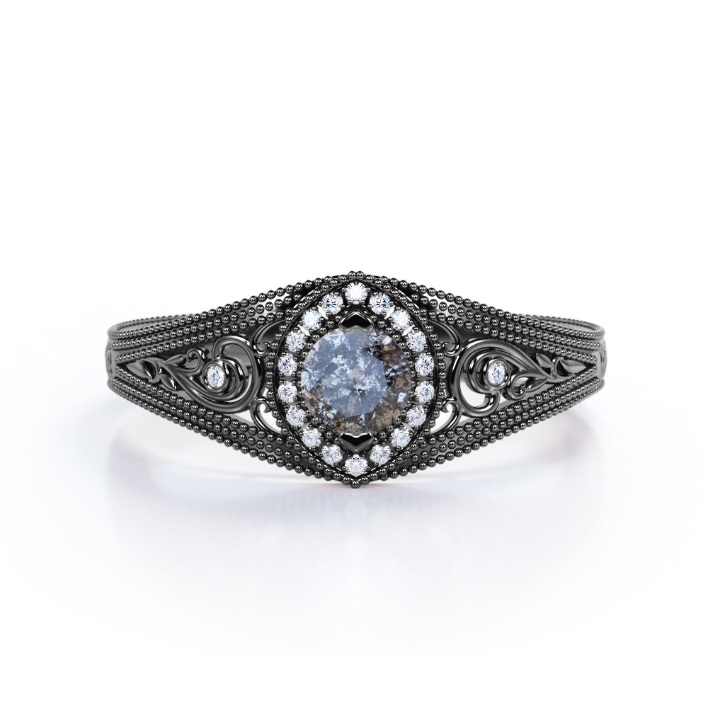 Vintage Cluster 1 Carat Round Cut Fancy Black Grey Salt and Pepper Diamond Milgrain Engagement Ring in Rose Gold