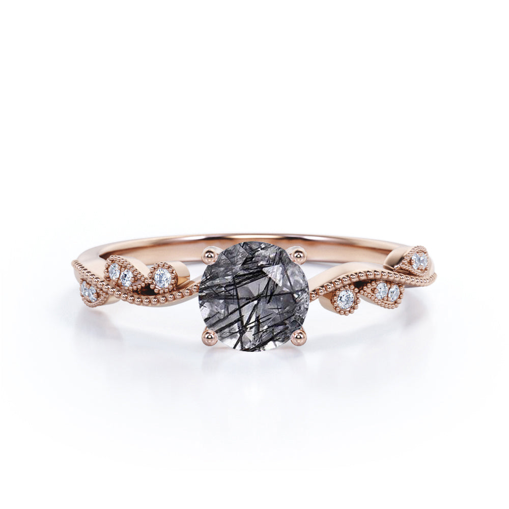 Minimal Solitaire 1.25 Carat Round Cut Natural Druzy Black Rutilated Quartz and Diamond Art Deco Engagement Ring