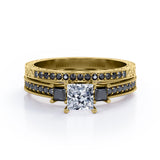 Art Deco 3-Stone 1.65 TCW Princess Cut Moissanite with Lab Created Black Diamond Cathedral Pave-Channel Wedding Ring Set in Rose Gold