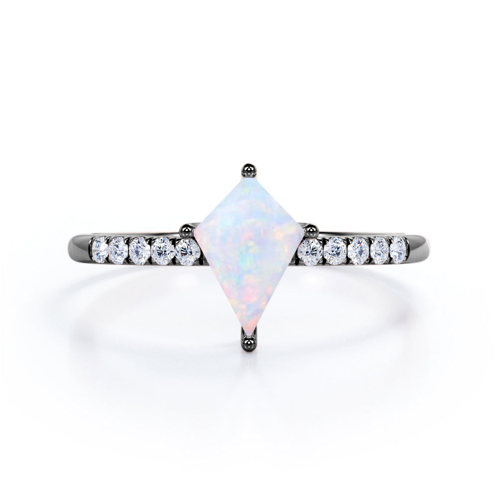 Geometric 1.10 Carat Kite Shaped Ethiopian Opal And Diamond Pave Half Eternity Engagement Ring In White Gold