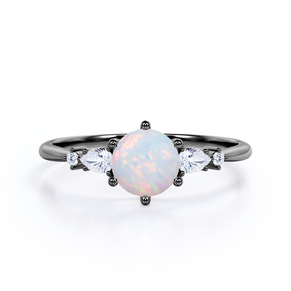 Tapered Six Prong 1.20 Carat Brilliant Round Cut Fiery Opal And Diamond Five Stone Engagement Ring In Rose Gold