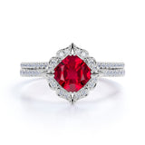 Unique Floral Design 2 Carat Cushion Cut Lab Ruby and Diamond Halo Wedding Set in White Gold