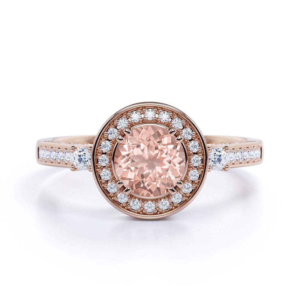 Vintage 1.50 Carat Round Blush Pink Morganite and Bead Bright Diamond Engagement Ring in White Gold