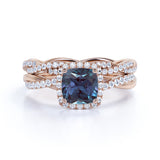 Eternity 2 Carat Cushion Cut Lab Alexandrite and Diamond Infinity Halo Bridal Set Rings for Her