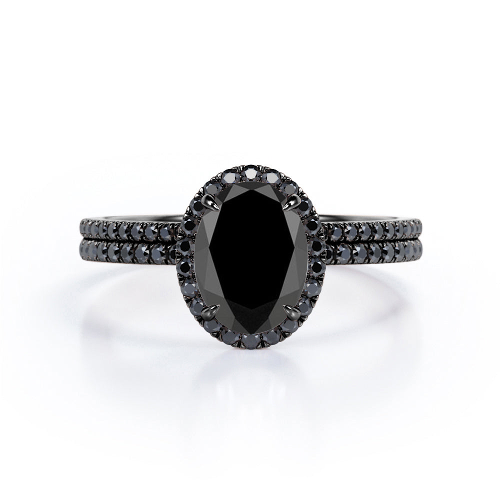 1.7 ct Ovate Lab Black Diamond Halo Wedding Ring Set