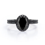 1.7 ct Ovate Lab Black Diamond Halo Wedding Ring Set