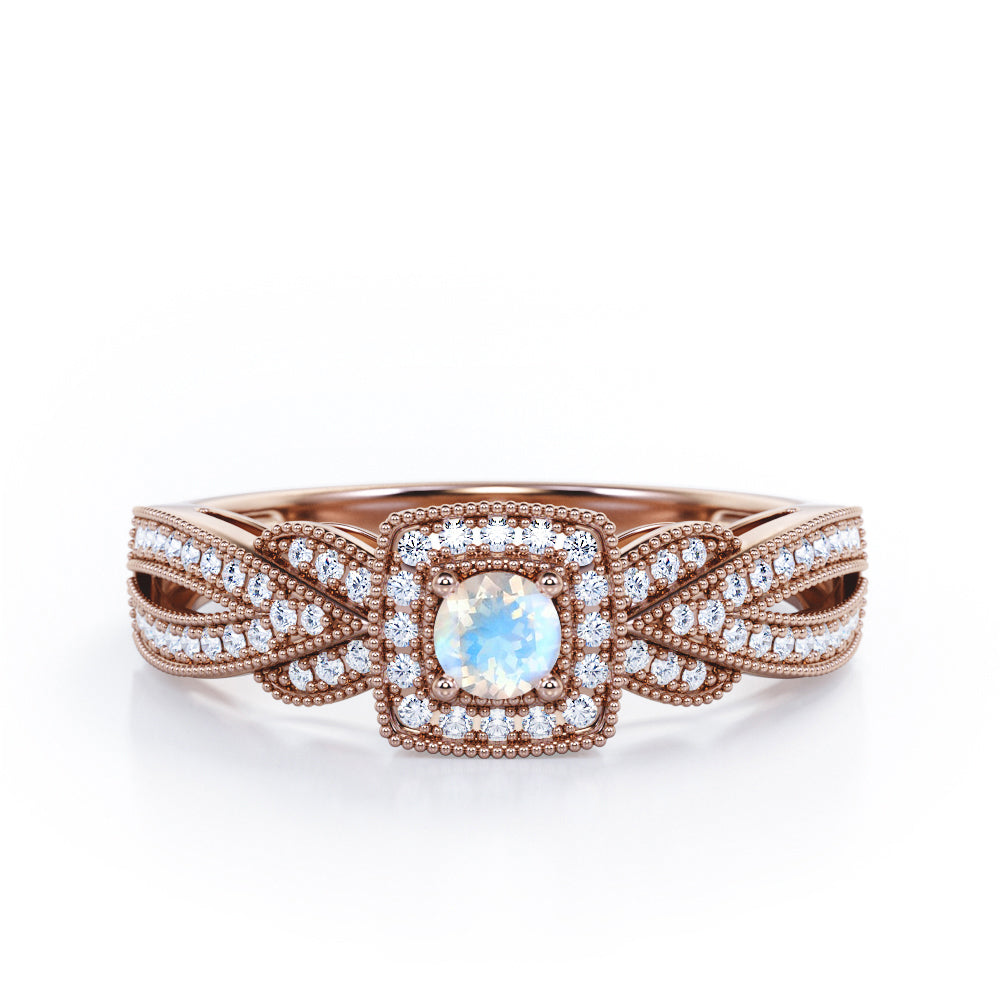 Extravaganza Milgrain Bordered - 1.45 Carat Round Brilliant Cut Moonstone and diamond - Halo Pave Channel Engagement Ring in White Gold