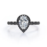 Art-Deco Filigree Milgrain 1.4 TCW Pear Cut Moissanite with Lab Created Black Diamond Halo Design Engagement Ring in Yellow Gold