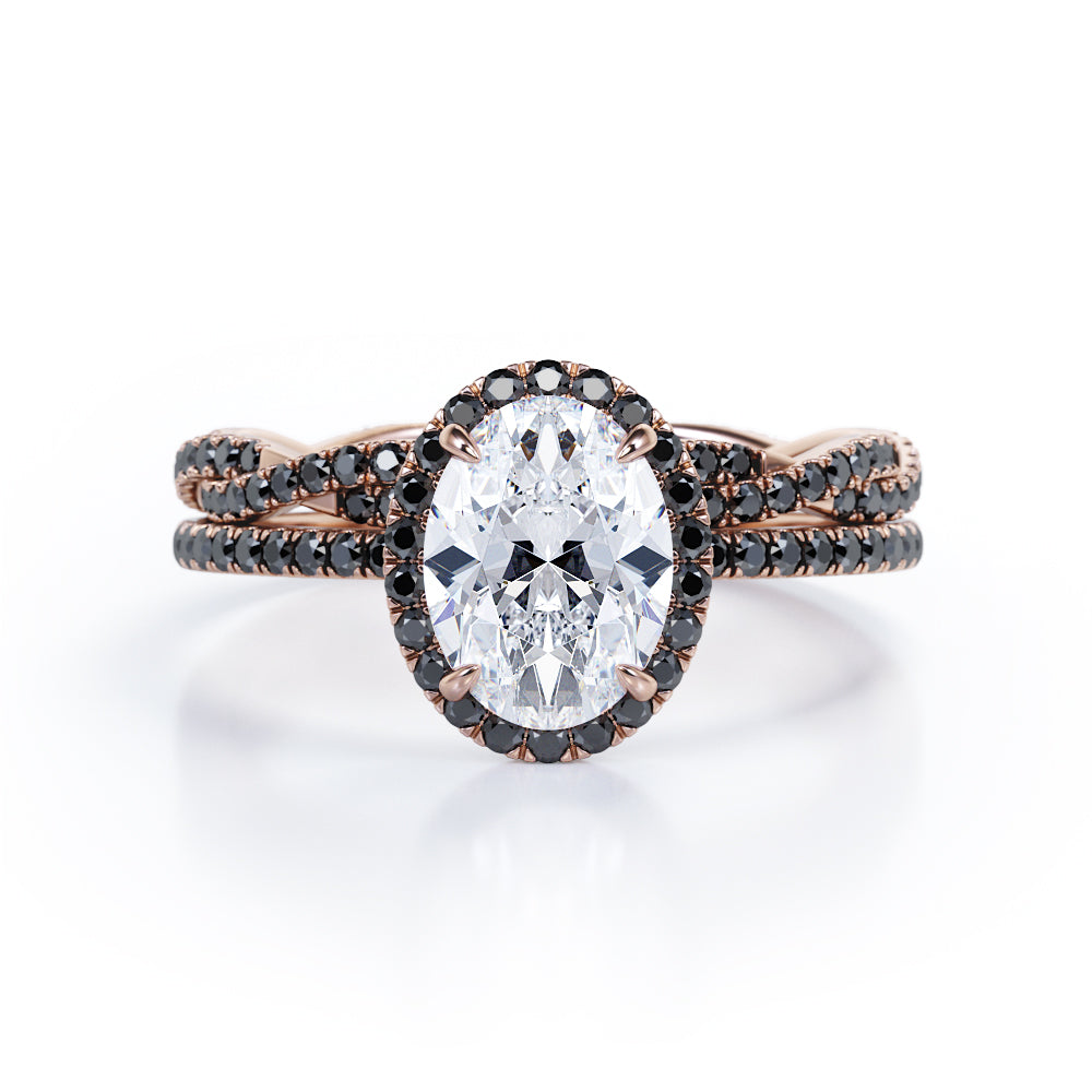 Four-Prong Halo 1.75 TCW Oval-Shaped Moissanite with Lab Created Black Diamond Pave Twisted Eternity Bridal Set in White Gold