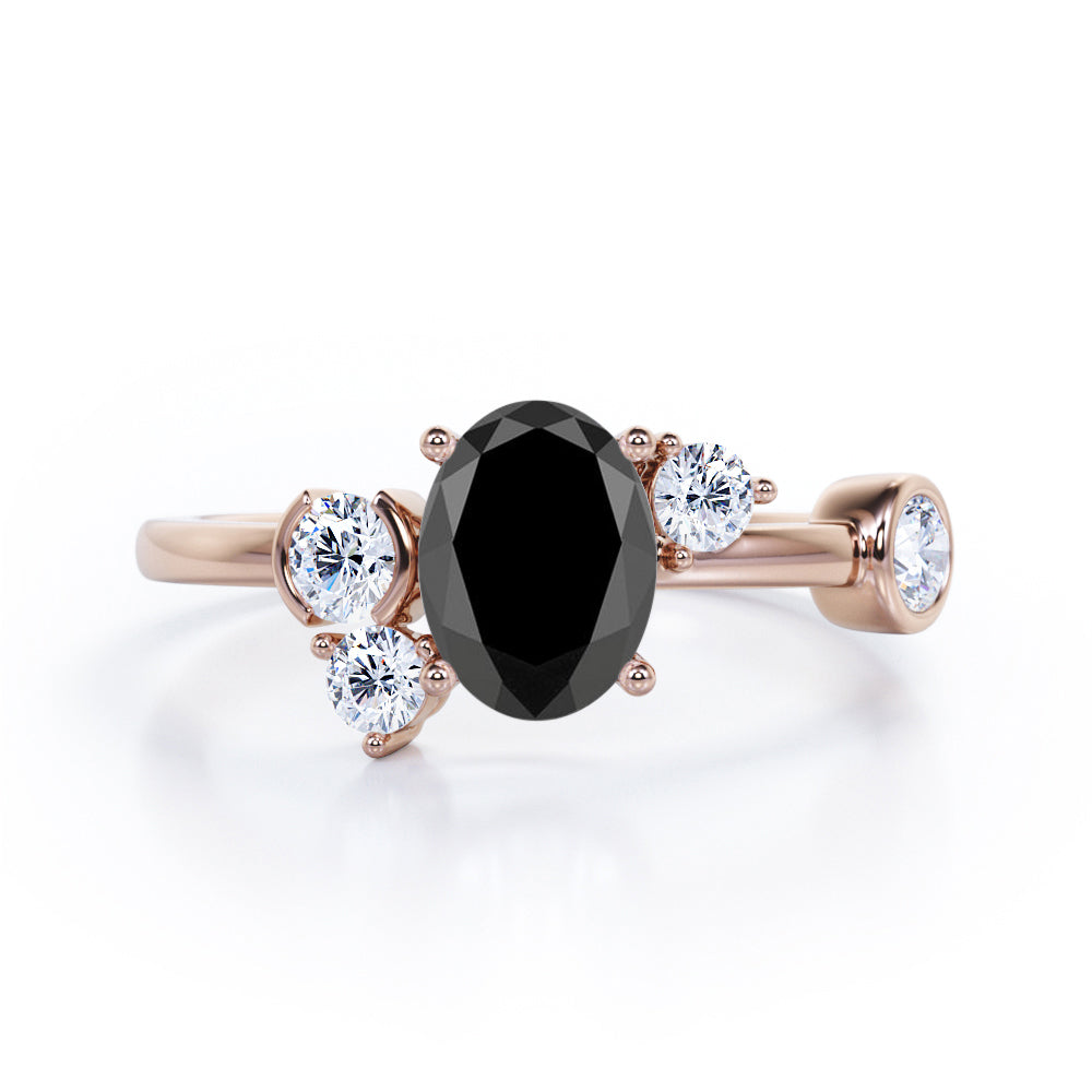 Unique 1 carat Oval Five Stone Ring With Petite Black Diamond in White Gold