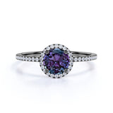 Minimalist Halo 1.50 Carat Round Cut Simulated Alexandrite and Diamond Pave Engagement Ring