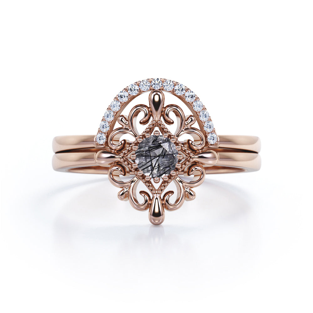 Starburst Filigree 0.65 Carat Round Cut Druzy Black Rutilated Quartz and Diamond Curved Pave Wedding Set Rings