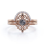 Starburst Filigree 0.65 Carat Round Cut Druzy Black Rutilated Quartz and Diamond Curved Pave Wedding Set Rings