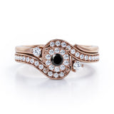 Pave-Prong Design 0.55 TCW Round Shape Black Diamond Bridal Ring Set in Black Gold