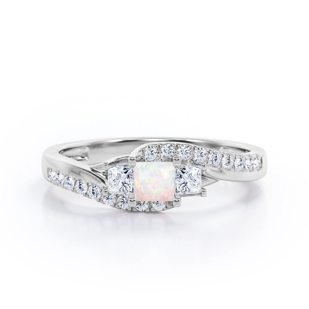 Trellis Three Stones 1 carat Princess Opal and Moissanites Braided Engagement Ring in Rose Gold