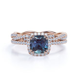 2 Ct Cushion Cut Lab Alexandrite Halo Bridal Set
