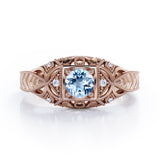 Art Deco Style 1.05 Carat Round Cut Aquamarine And Diamond Square Framed Vintage Filigree Engagement Ring In Rose Gold