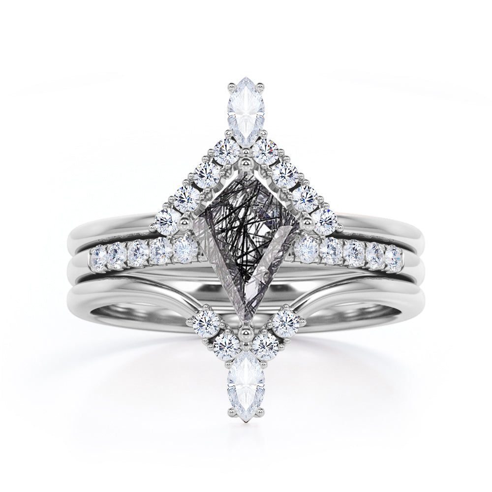 Chevron Pave Set 1.50 Carat Kite Shaped Genuine Black Rutilated Quartz And Diamond V Shaped Trio Wedding Set In Black Gold