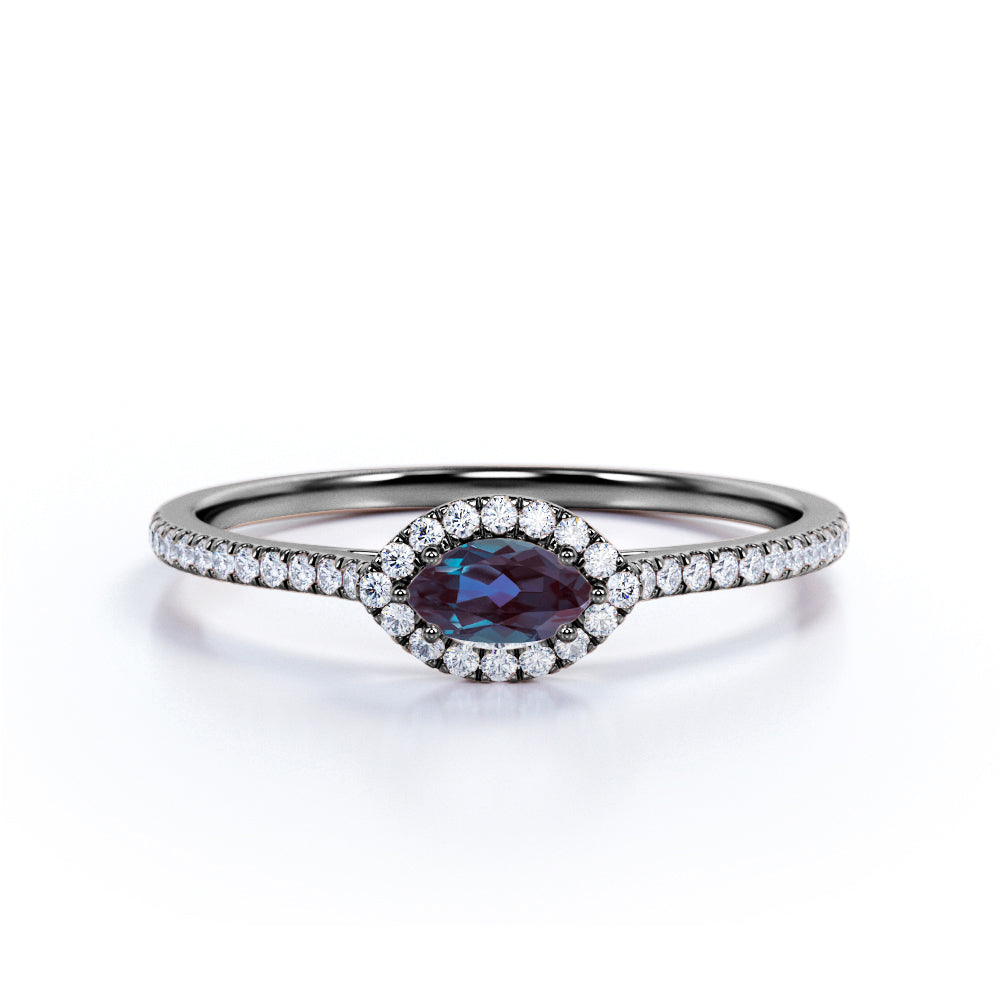 East West Setting 1.35 Carat Marquise Cut Lab Created Alexandrite And Diamond Halo Engagement Ring In White Gold