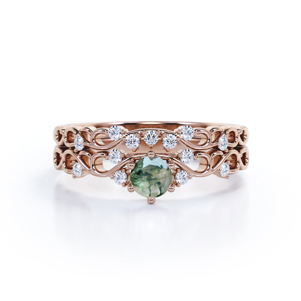 Dendritic 0.6 carat Round Moss Agate Crystal and Moissanite Swirly Wedding Ring Set in White Gold