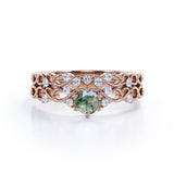 Dendritic 0.6 carat Round Moss Agate Crystal and Moissanite Swirly Wedding Ring Set in White Gold