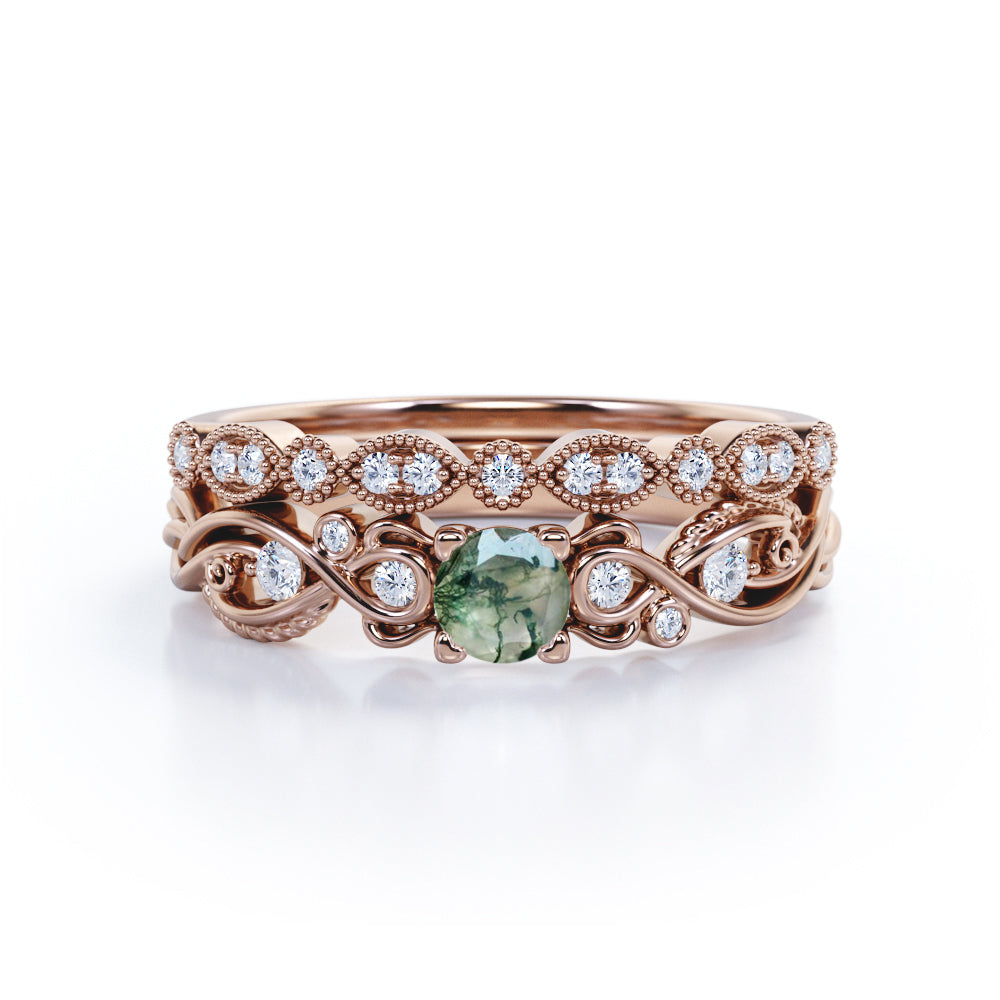 Antique Solitaire 1.25 Carat Round Cut Milky White Druzy Moss Green Agate with Diamond Marquise Dot Art Deco Band Wedding Ring Sets