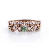 Antique Solitaire 1.25 Carat Round Cut Milky White Druzy Moss Green Agate with Diamond Marquise Dot Art Deco Band Wedding Ring Sets