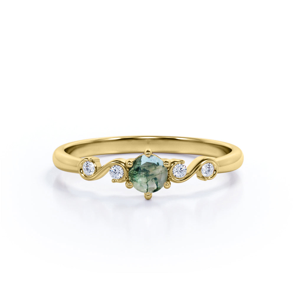 Gorgeous Scroll 0.5 carat Round Moss agate and Moissanite Engagement Ring in White Gold