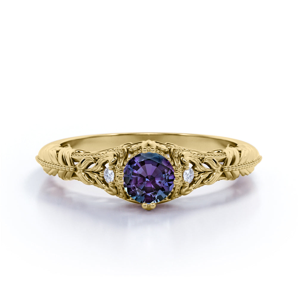 Non Traditional Three Stone 1 Carat Round Cut Lab Created Alexandrite and Diamond Art Deco Filigree Engagement Ring in White Gold for Women