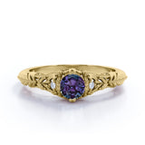 Non Traditional Three Stone 1 Carat Round Cut Lab Created Alexandrite and Diamond Art Deco Filigree Engagement Ring in White Gold for Women